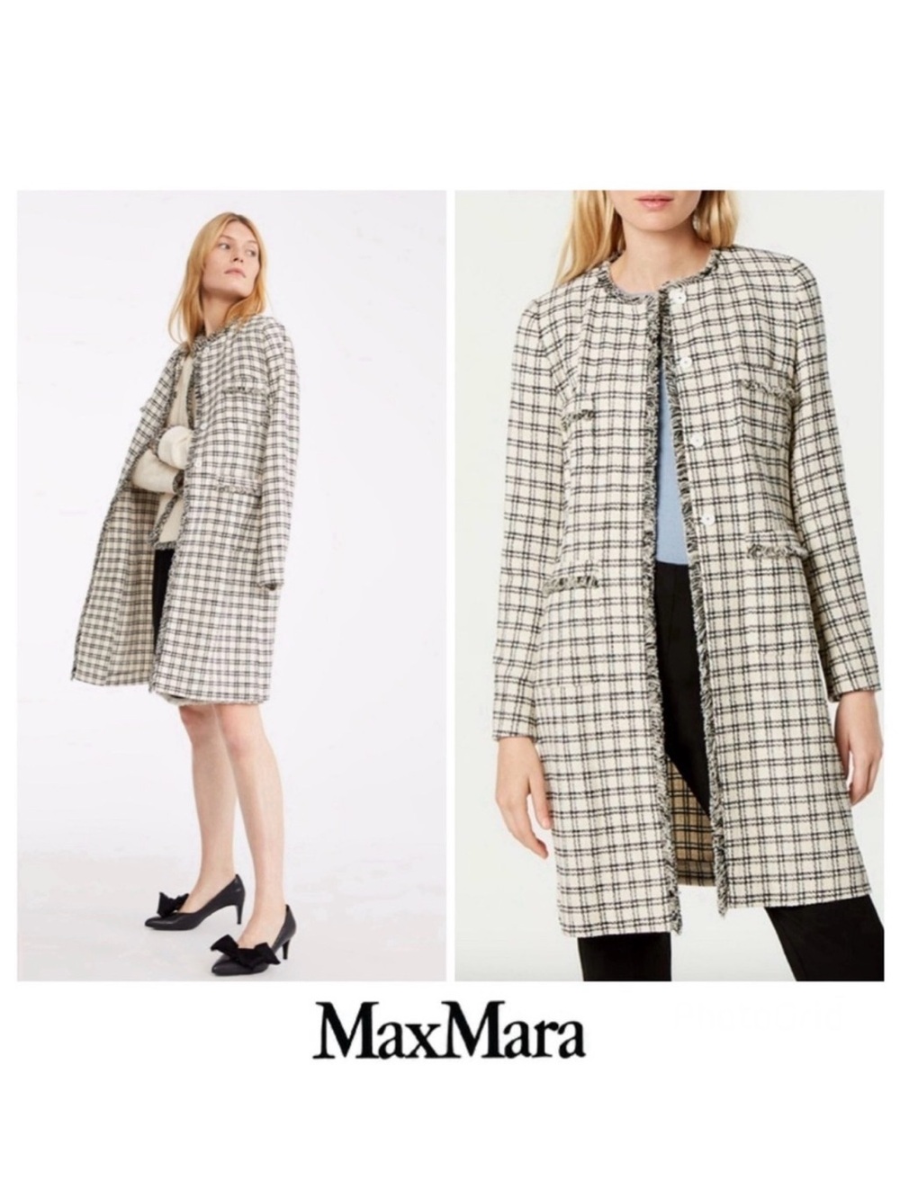 MAXMARA Weekend Anabela Checker Fringed Black White Mid Length Light Coat Sz 12